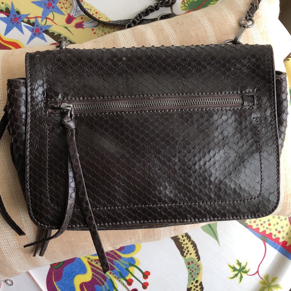 Zara Python style brown leather bag with metal/leather chain strap.